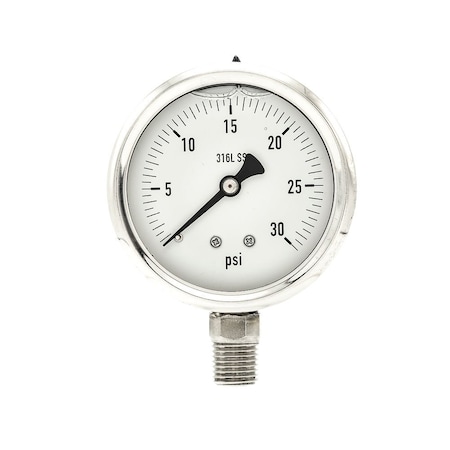 Pro 2 1/2 in Dial, 0/30 PSI, 1/4 in NPT, Lower Mount Glycerin Filled Pressure Gauge PRO-301L-254C